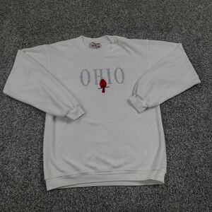 VTG Ohio Sweater Mens M White OH Cardinal Bird Pullover Crewneck Sweatshirt USA